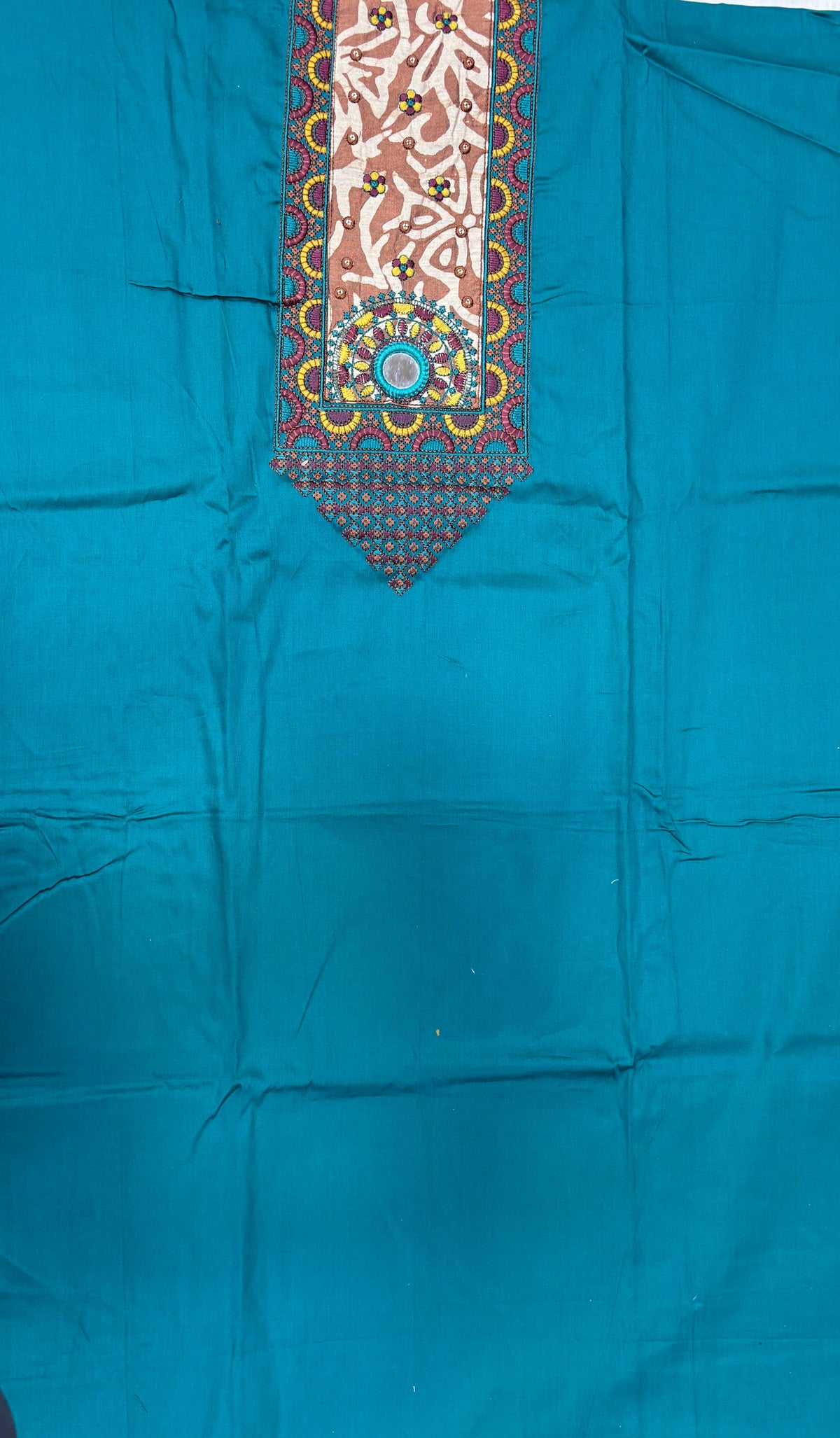 Teal Blue Cotton Embroidered Unstitched Suit Set with Printed Dupatta