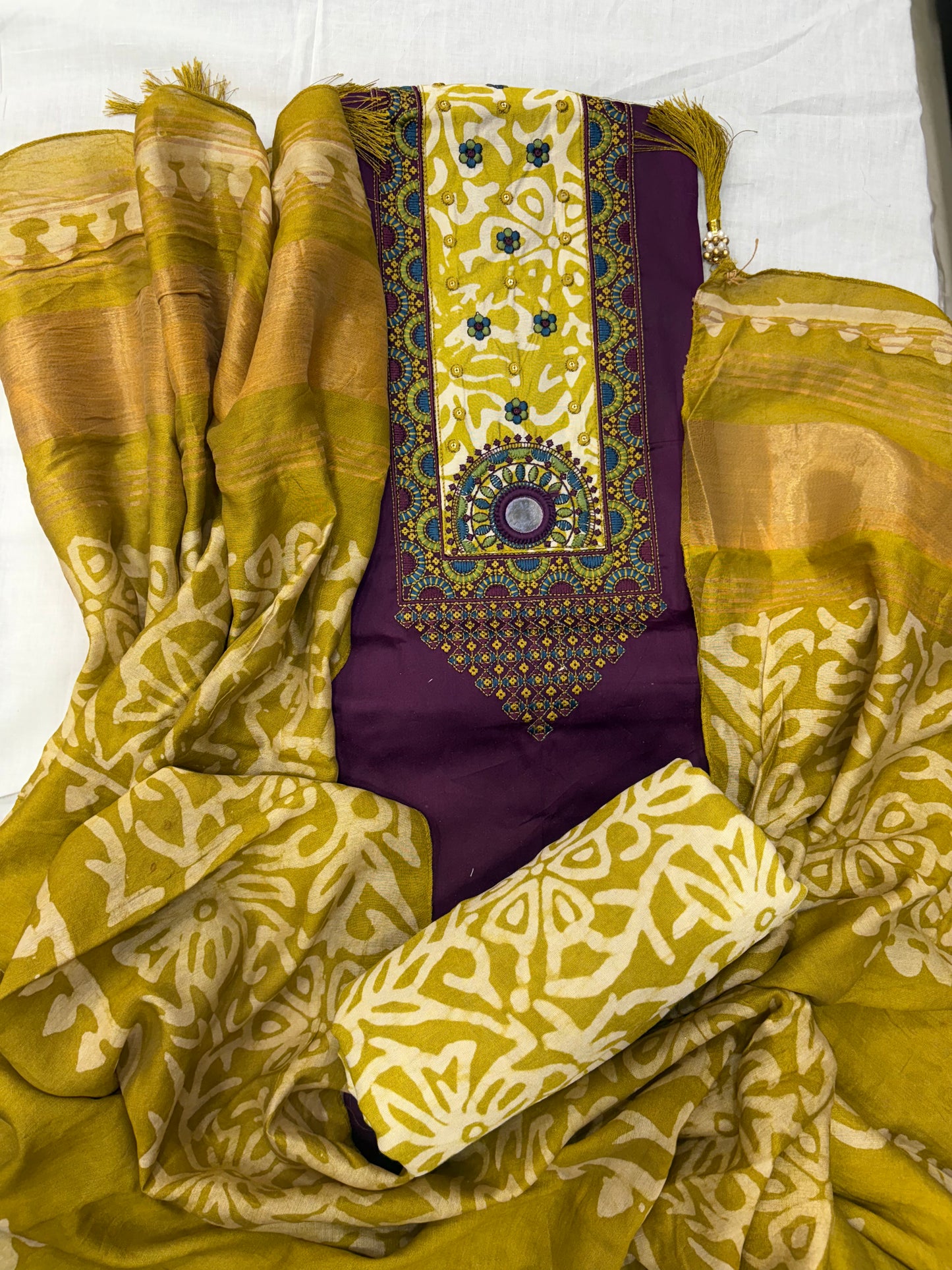 Teal Blue Cotton Embroidered Unstitched Suit Set with Printed Dupatta