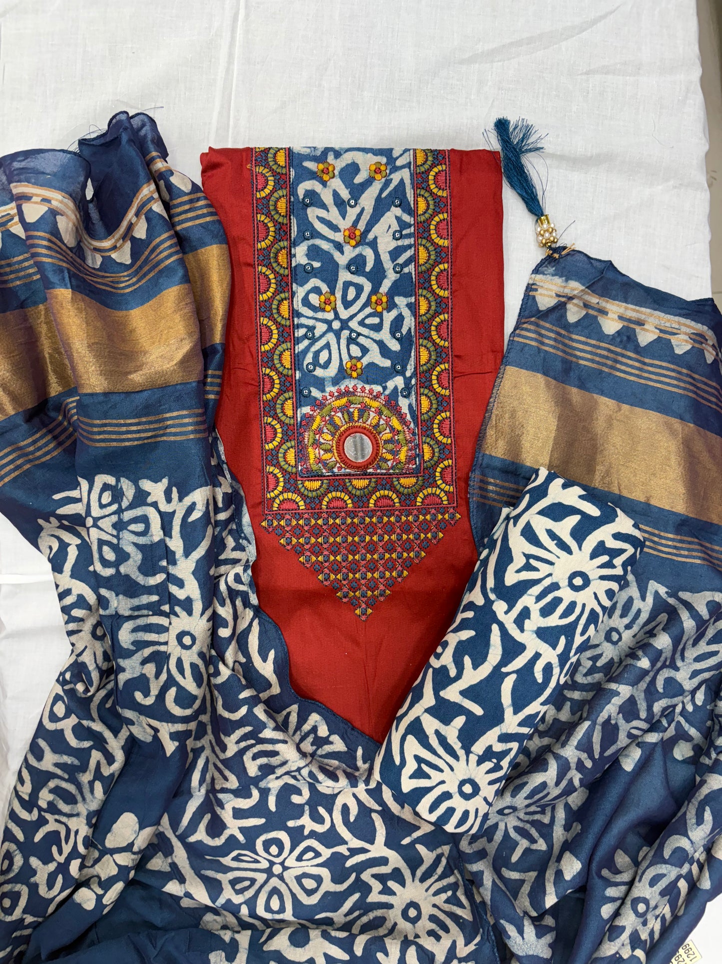 Teal Blue Cotton Embroidered Unstitched Suit Set with Printed Dupatta