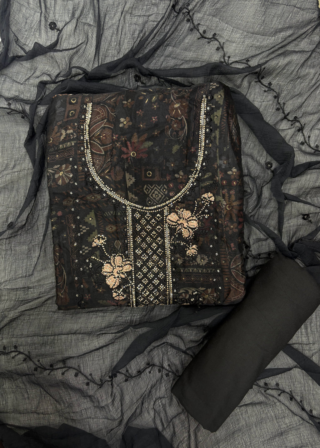 Midnight Floral Embellished Unstitched Suit Set