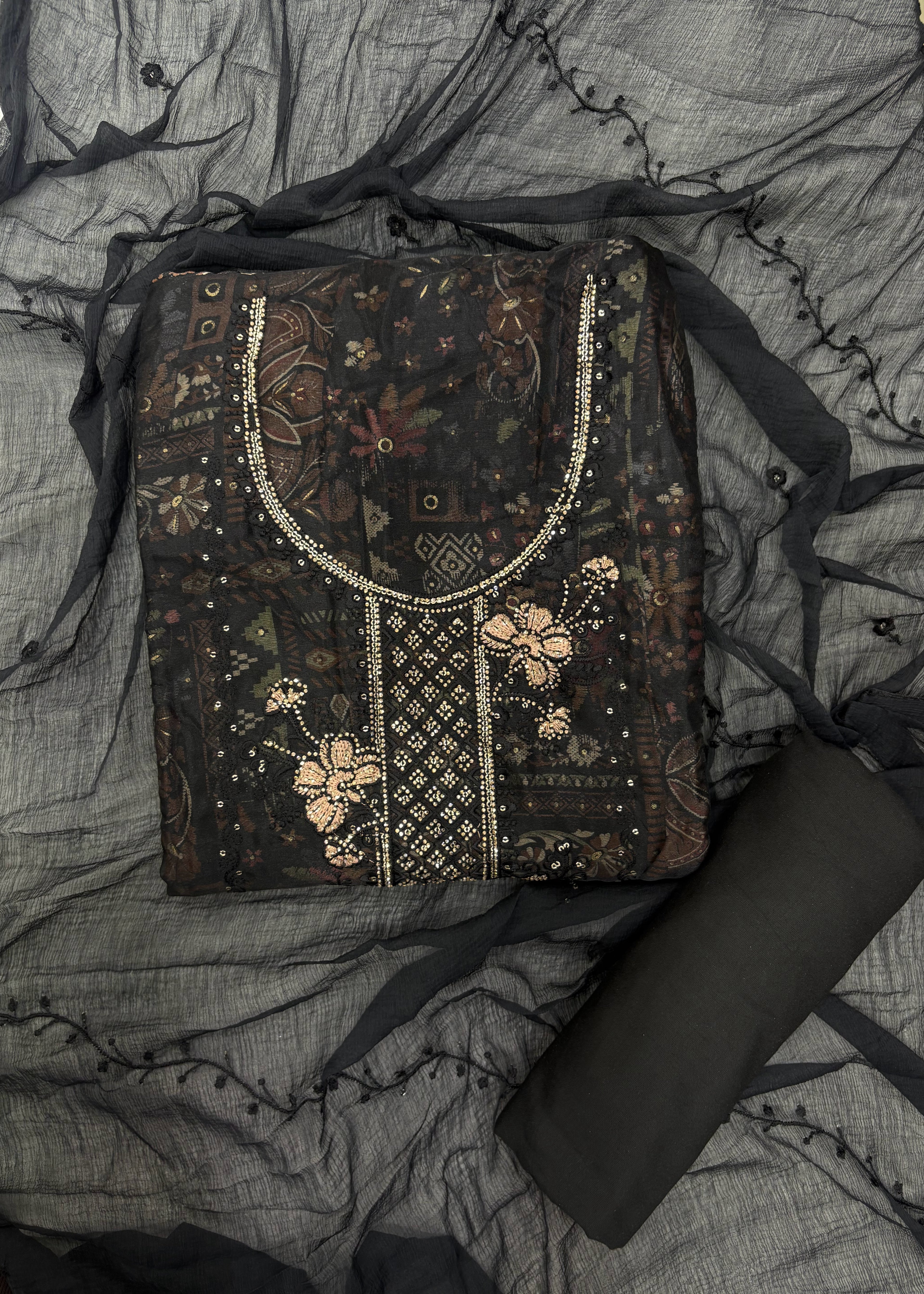 Midnight Floral Embellished Unstitched Suit Set