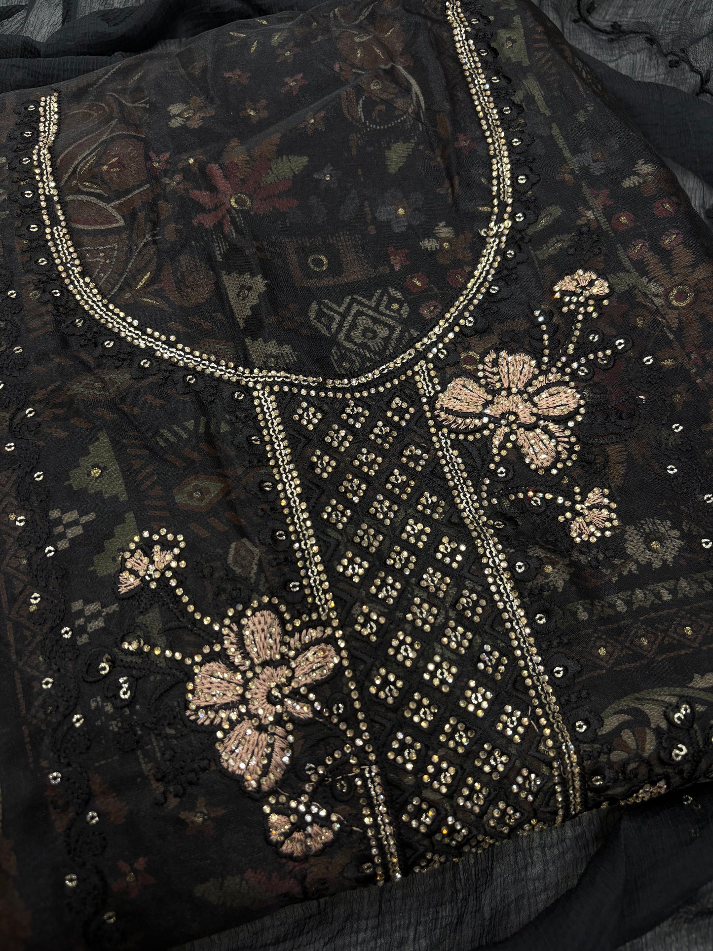 Midnight Floral Embellished Unstitched Suit Set