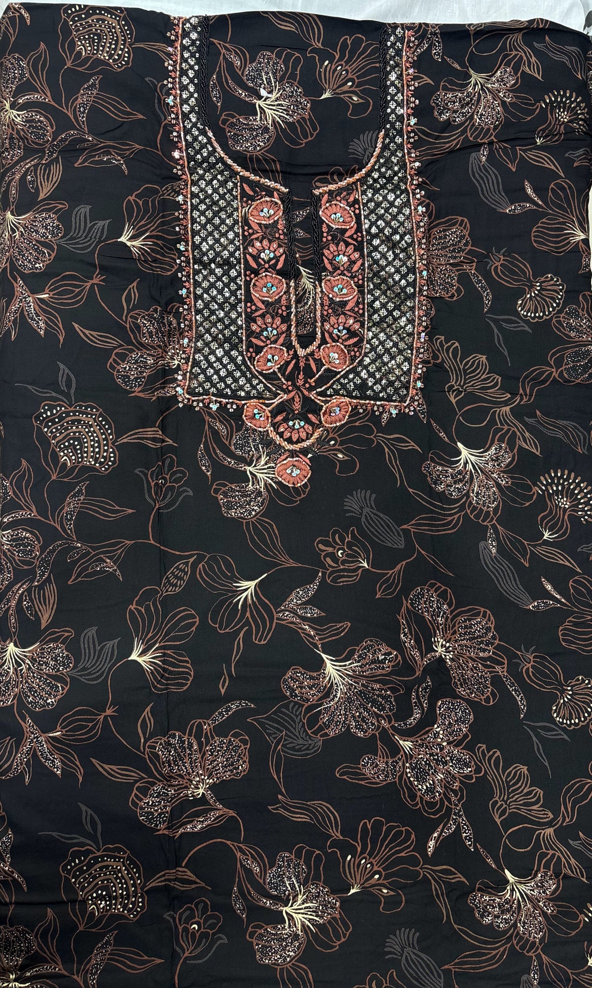 Black Floral Embroidered Unstitched Suit Set with Chiffon Dupatta