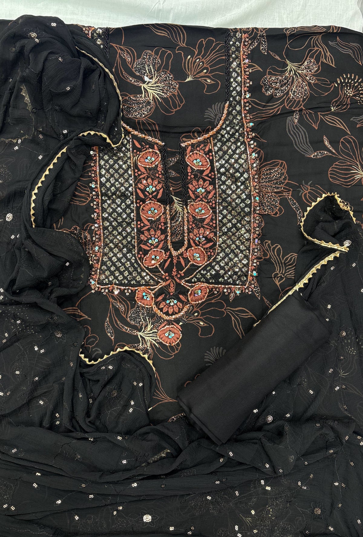 Black Floral Embroidered Unstitched Suit Set with Chiffon Dupatta