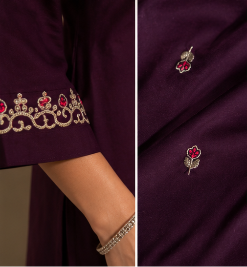 close-up views of the fabric and embroidery.
