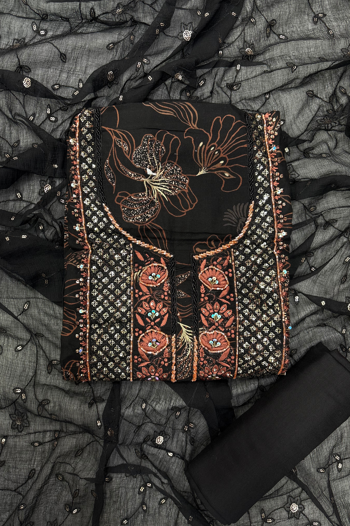 Black Floral Embroidered Unstitched Suit Set with Chiffon Dupatta