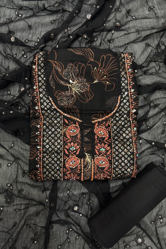 Black Floral Embroidered Unstitched Suit Set with Chiffon Dupatta