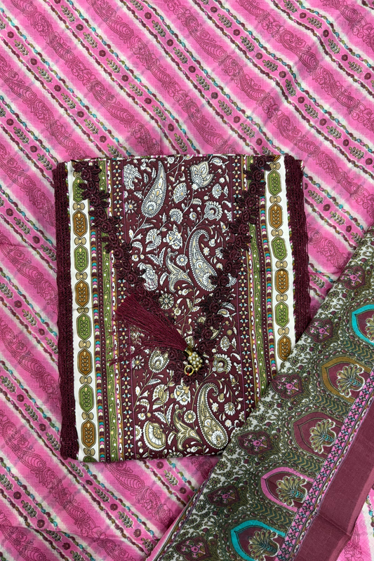 Pink Floral Printed Unstitched Suit Set with Paisley Dupatta