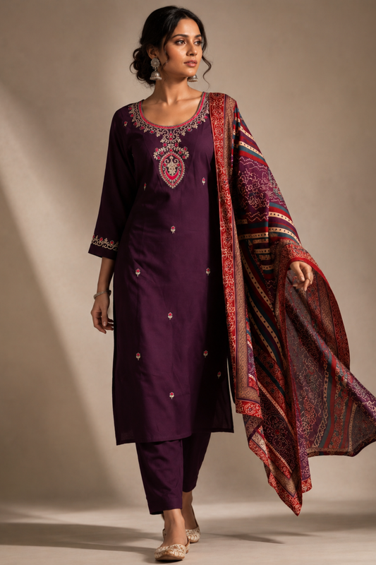 Plum Embroidered Kurta Set with Printed Dupatta
