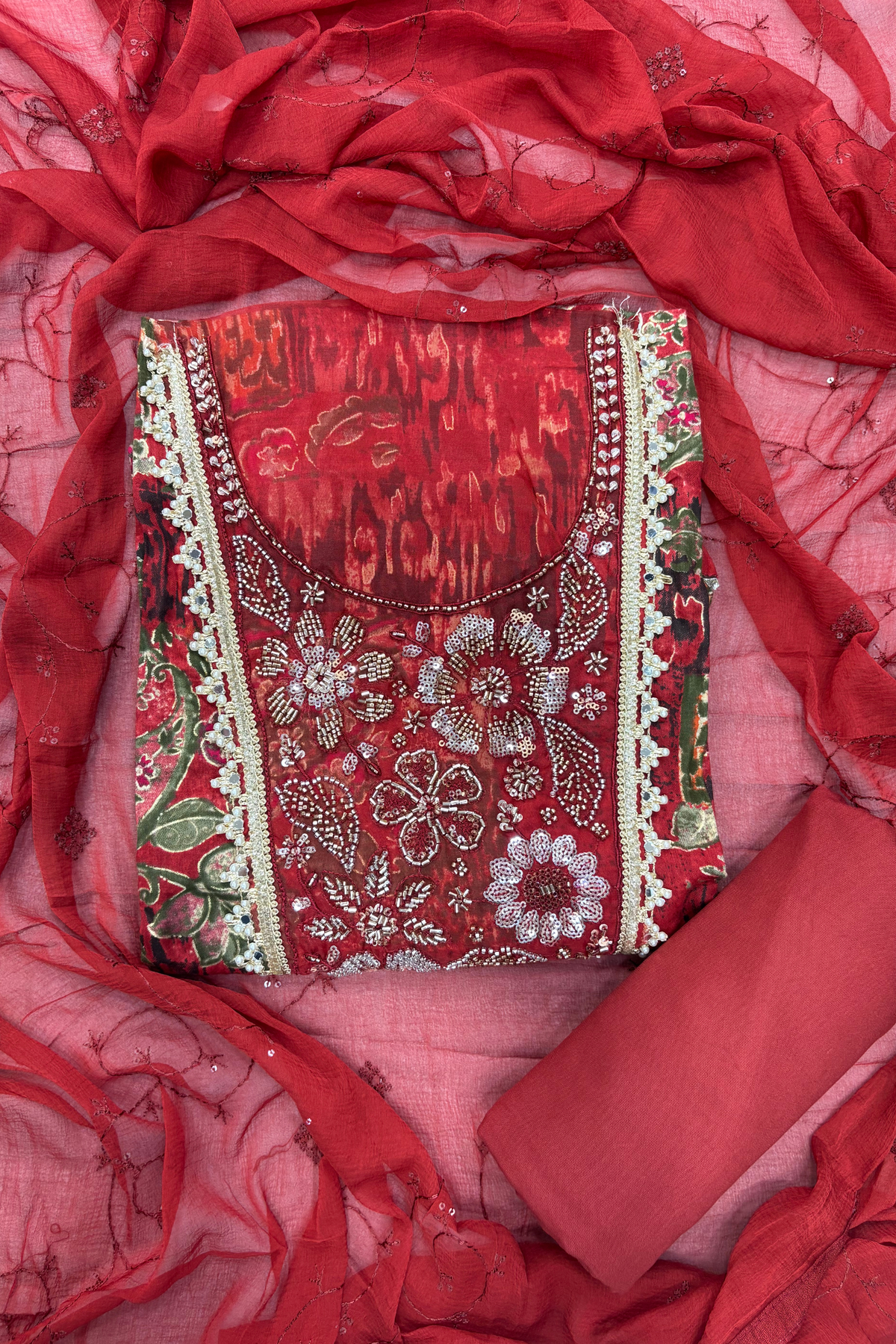 Rust Red Floral Printed Unstitched Suit Set with Handwork & Embroidered Chiffon Dupatta