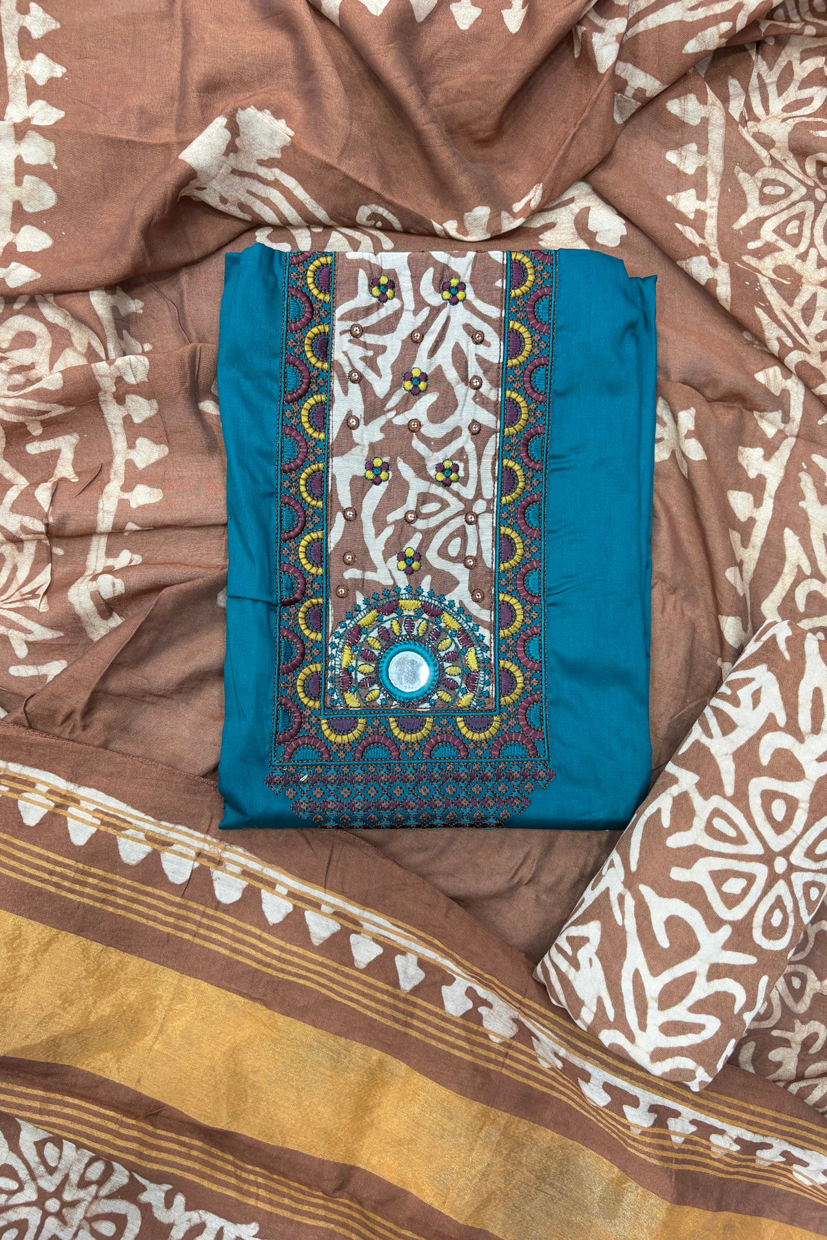 Teal Blue Cotton Embroidered Unstitched Suit Set with Printed Dupatta